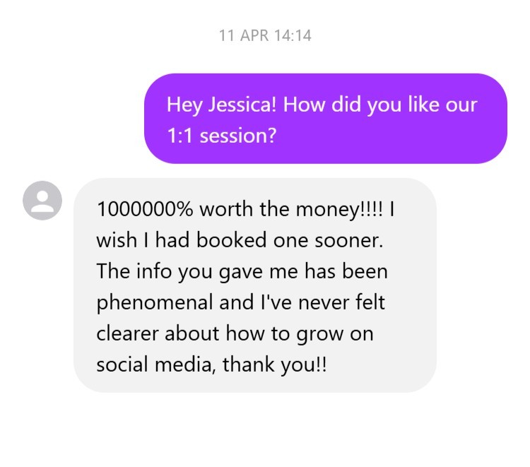 A chat message with a purple background recommending a 1:1 session.