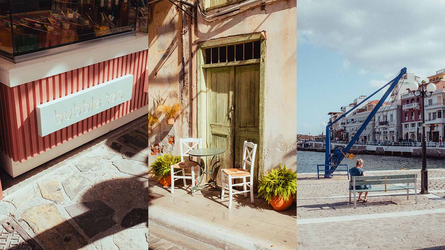 Three vertical images taken in greece, one of a store, one of chairs in front of a building, and one of a person sitting on a bench overlooking a harbor
