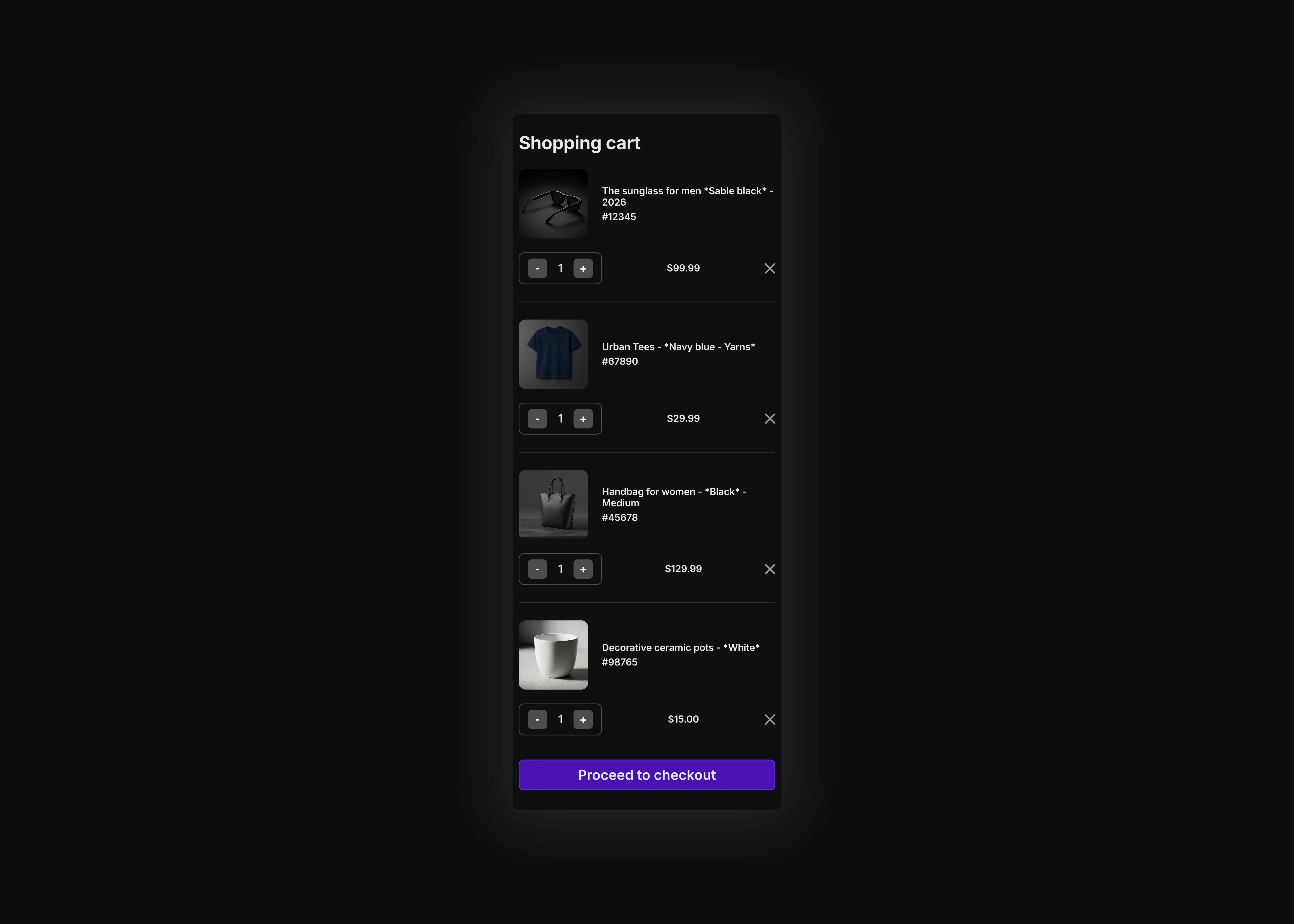 A dark themed shopping cart with a few listed items in the cart, the UI optimized for mobile device