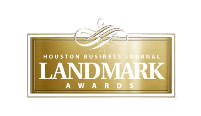 Houston Business Journal Landmark Awards logo in gold plaque style with ribbon detail.