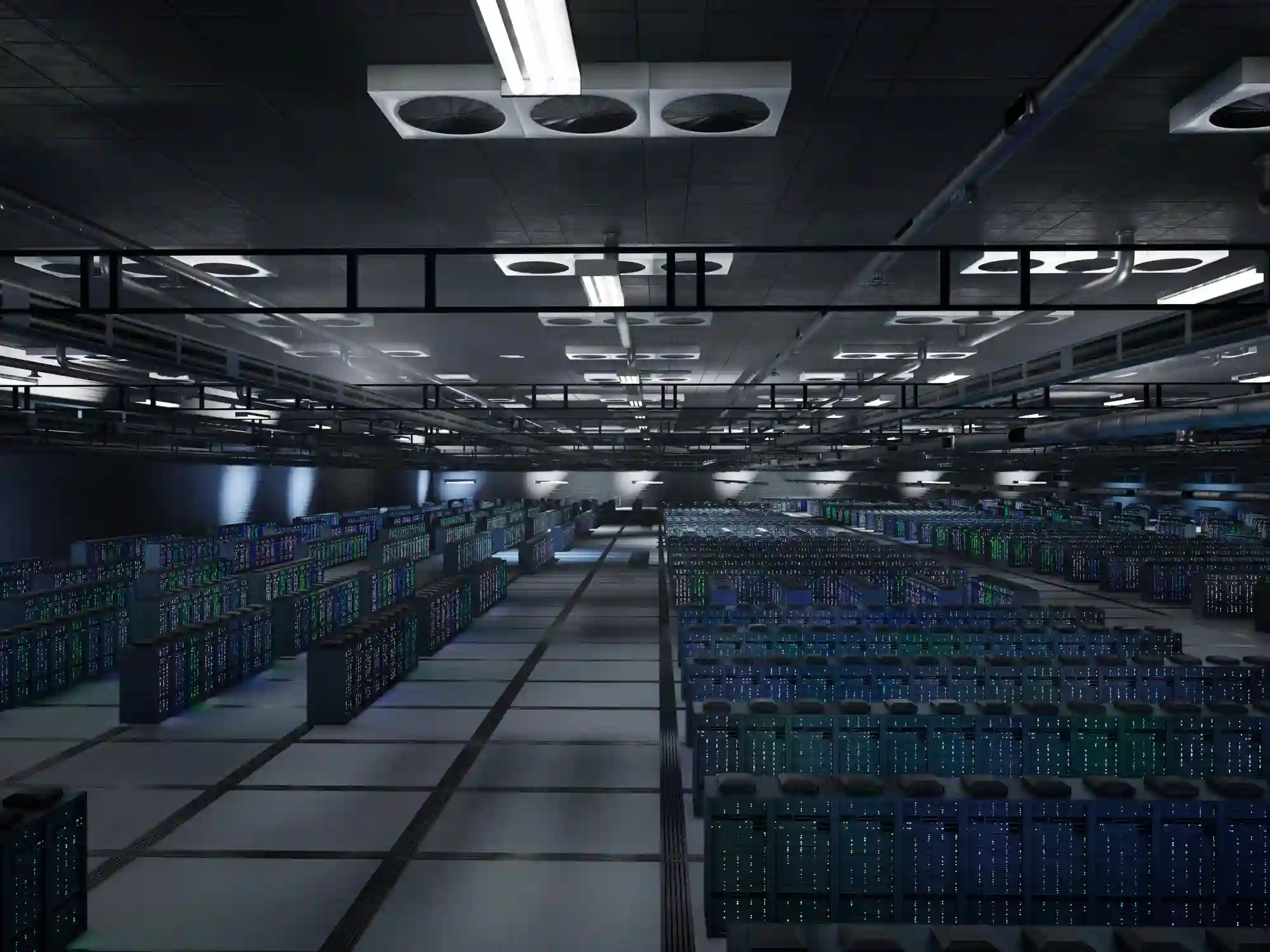 A vast, modern server room representing the large-scale digital infrastructure vulnerable to sophisticated international cyber threats.