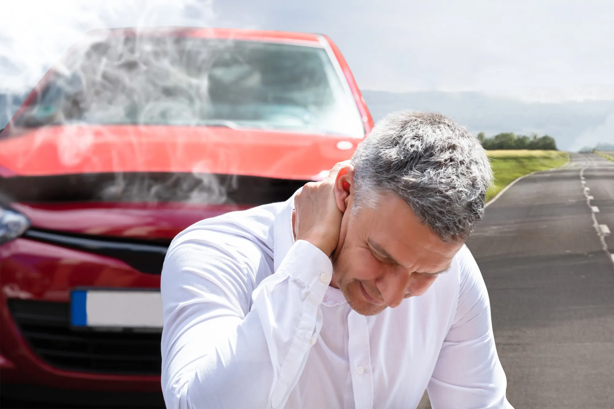 hombre con dolor de cuello - accidente automovilístico