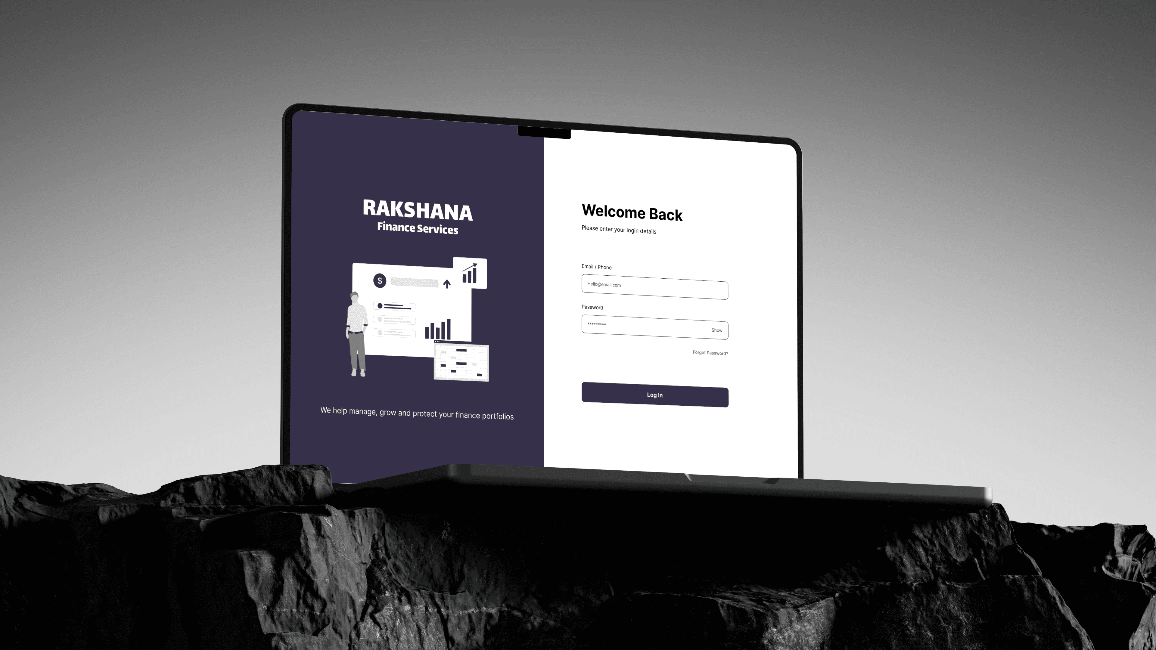 Laptop at an angle on a rock with a login page on the screen
