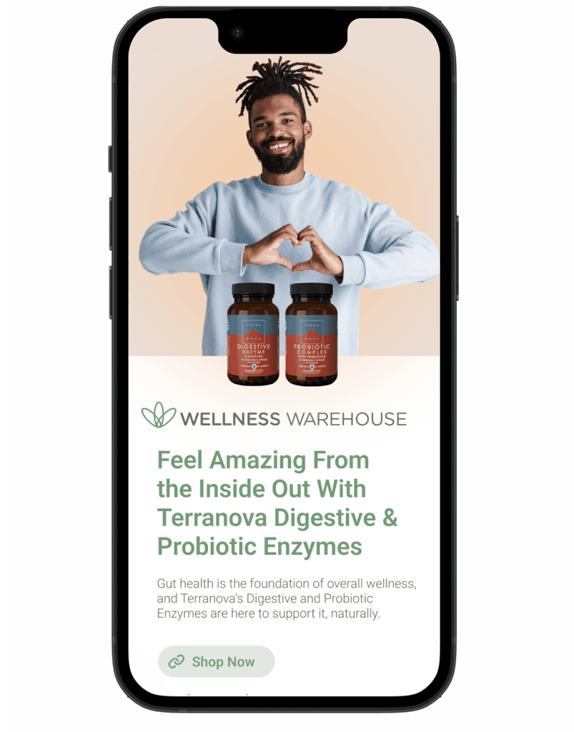 Phone screen showing Wellness Warehouse Terranova Supplements digital campaign