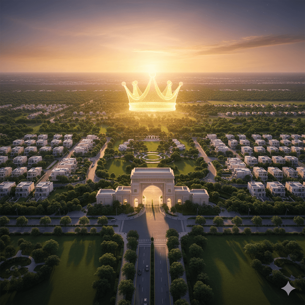 Luxury township entrance in Sector 36 Panipat with a majestic glowing crown icon at sunset