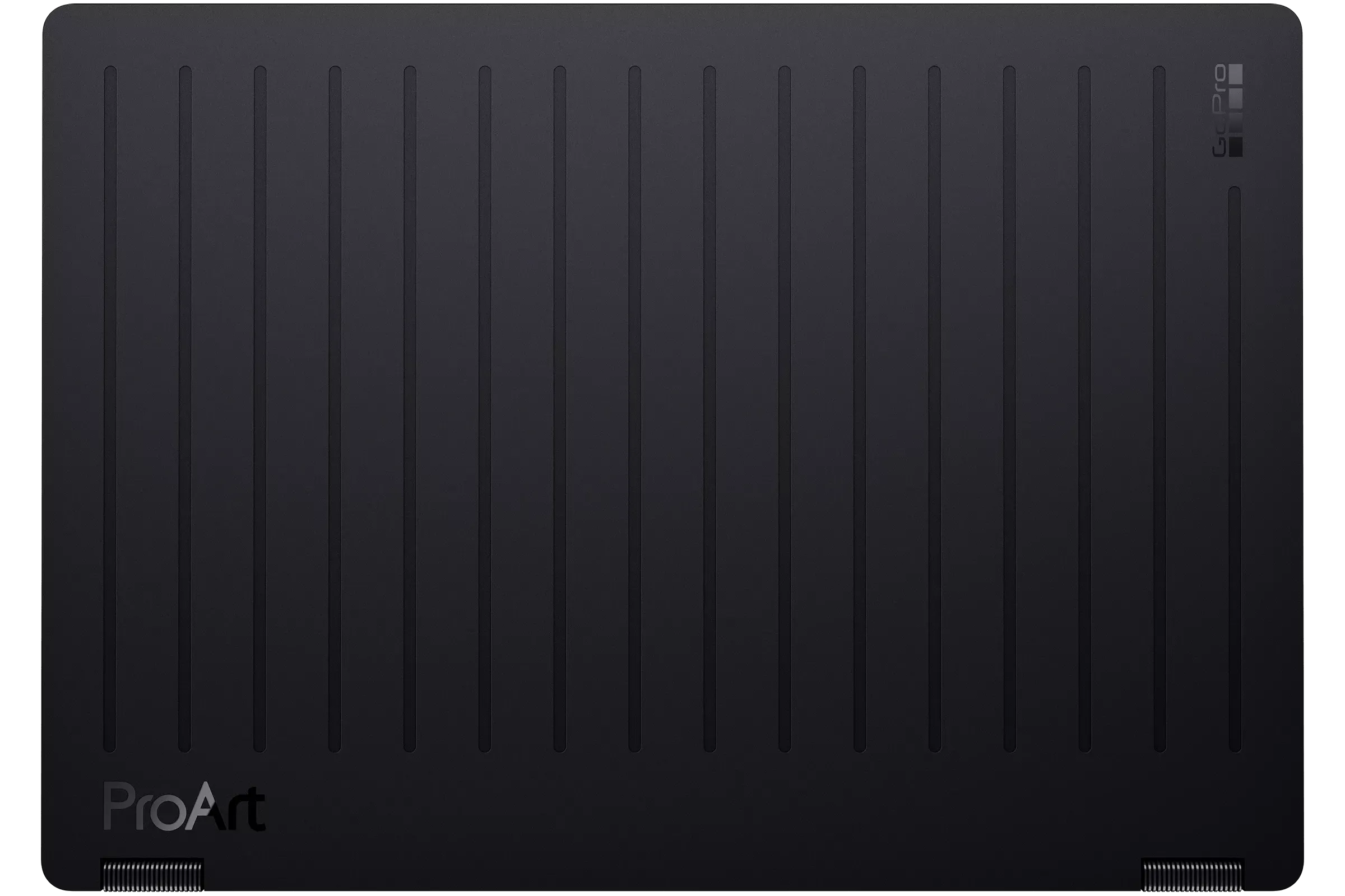 A sleek, black ASUS ProArt GoPro Edition PX13 laptop is shown with a minimalist design featuring subtle vertical grooves and a discreet logo, emphasizing its professional and sophisticated aesthetic.