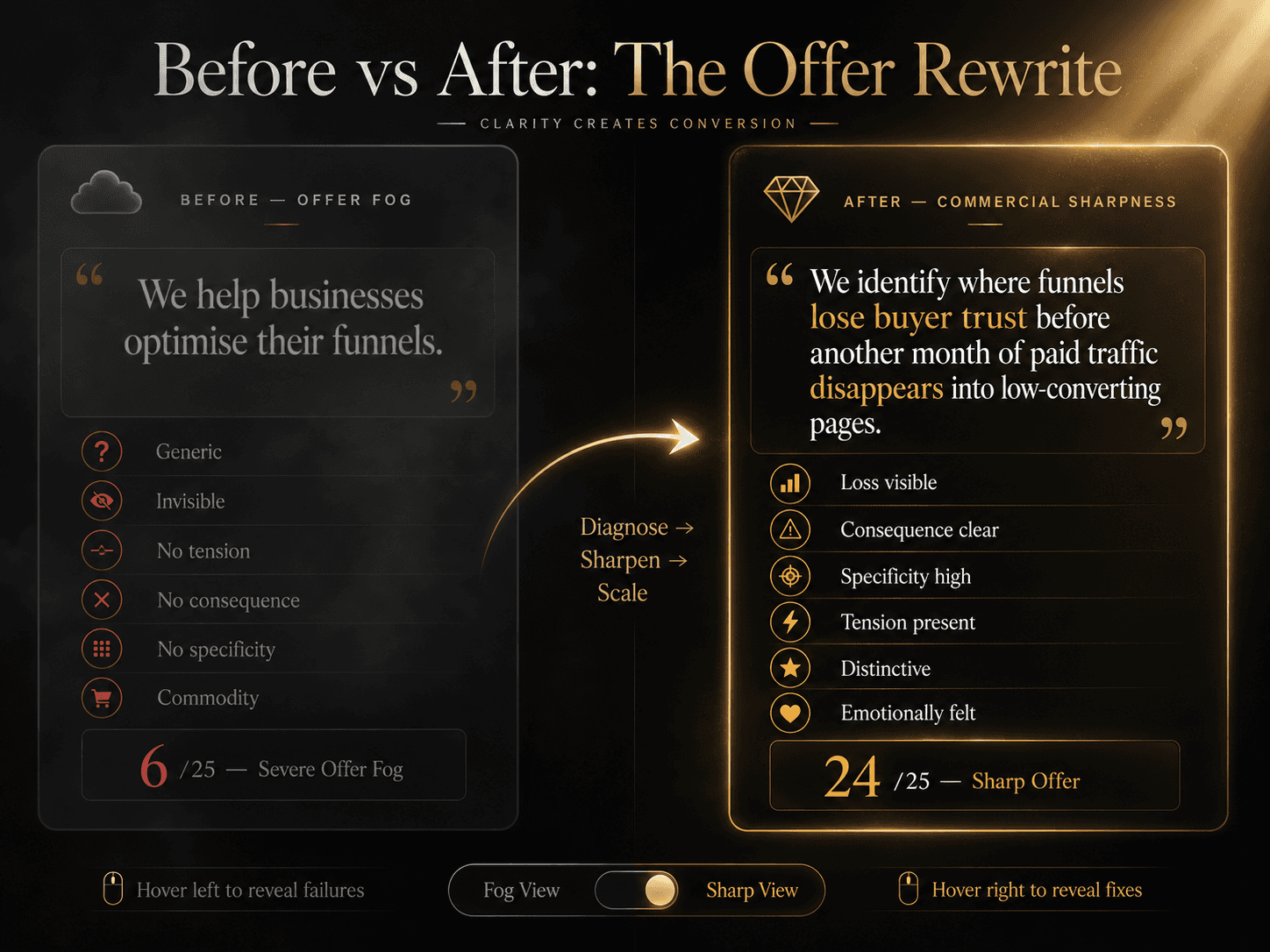 “Before vs After: The Offer Rewrite” Concept: A split-screen comparison showing a complete offer transformation.  Left side (Before — Offer Fog):  Offer: “We help businesses optimise their funnels.”  Diagnostic markers: “Generic,” “Invisible,” “No tension,” “No consequence,” “No specificity,” “Commodity.”  Score: 6/25 (Severe Offer Fog)  Red desaturated tone.  Right side (After — Commercial Sharpness):  Offer: “We identify where funnels lose buyer trust before another month of paid traffic disappears into low-converting pages.”  Diagnostic markers: “Loss visible,” “Consequence clear,” “Specificity high,” “Tension present,” “Distinctive,” “Emotionally felt.”  Score: 24/25 (Sharp Offer)  Warm gold/amber glow.  A curved arrow connects left to right with the word: “Diagnose → Sharpen → Scale.”  Style: Clean, editorial. Dark background. Left side: desaturated grey-red, soft blur. Right side: warm gold, crystal clear, volumetric light. The contrast is stark.  Interaction: Hovering the left side reveals each diagnostic failure in detail. Hovering the right side reveals how each failure was fixed. A toggle switches between “Fog View” (blurred) and “Sharp View” (clear).