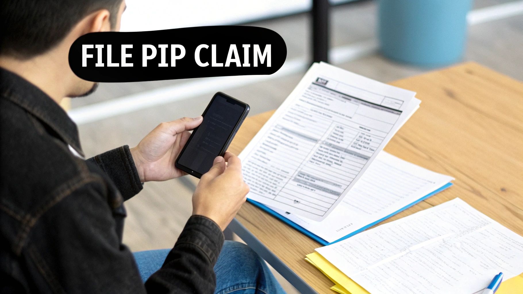 Person using a smartphone and reviewing paperwork, with 'FILE PIP CLAIM' text prominently displayed.