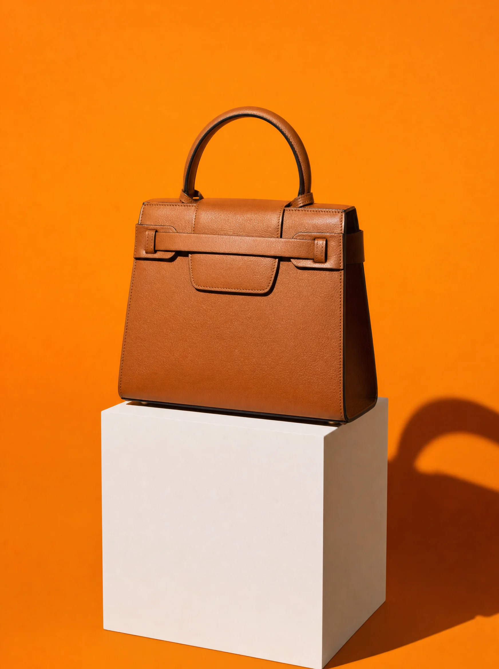 Tan leather handbag on a white plinth against orange, from the shop's product photography