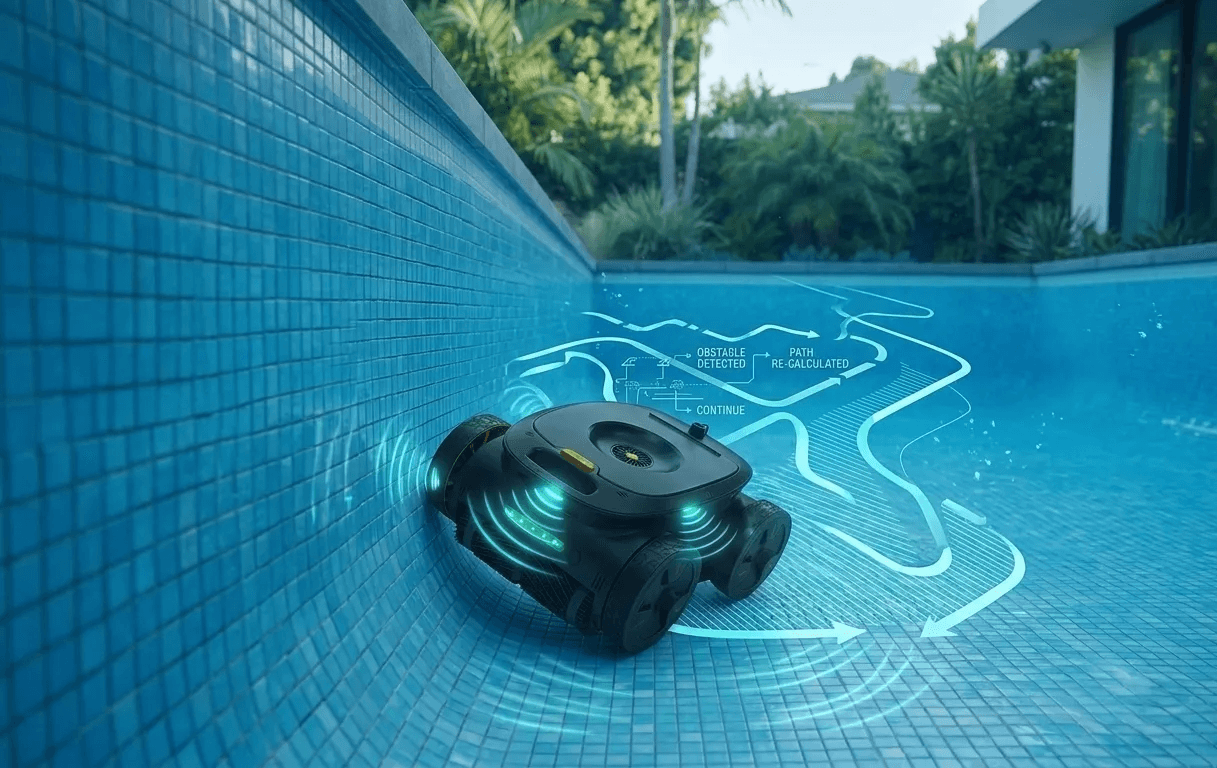 Robotic pool cleaner using intelligent escape technology to avoid obstacles