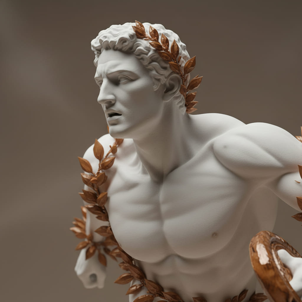 Close-up of a white marble statue of a muscular man wearing a bronze laurel wreath, captured in dynamic motion.