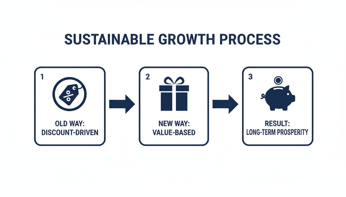 A diagram illustrates a sustainable growth process, moving from a discount-driven approach to a value-based strategy, resulting in long-term prosperity.