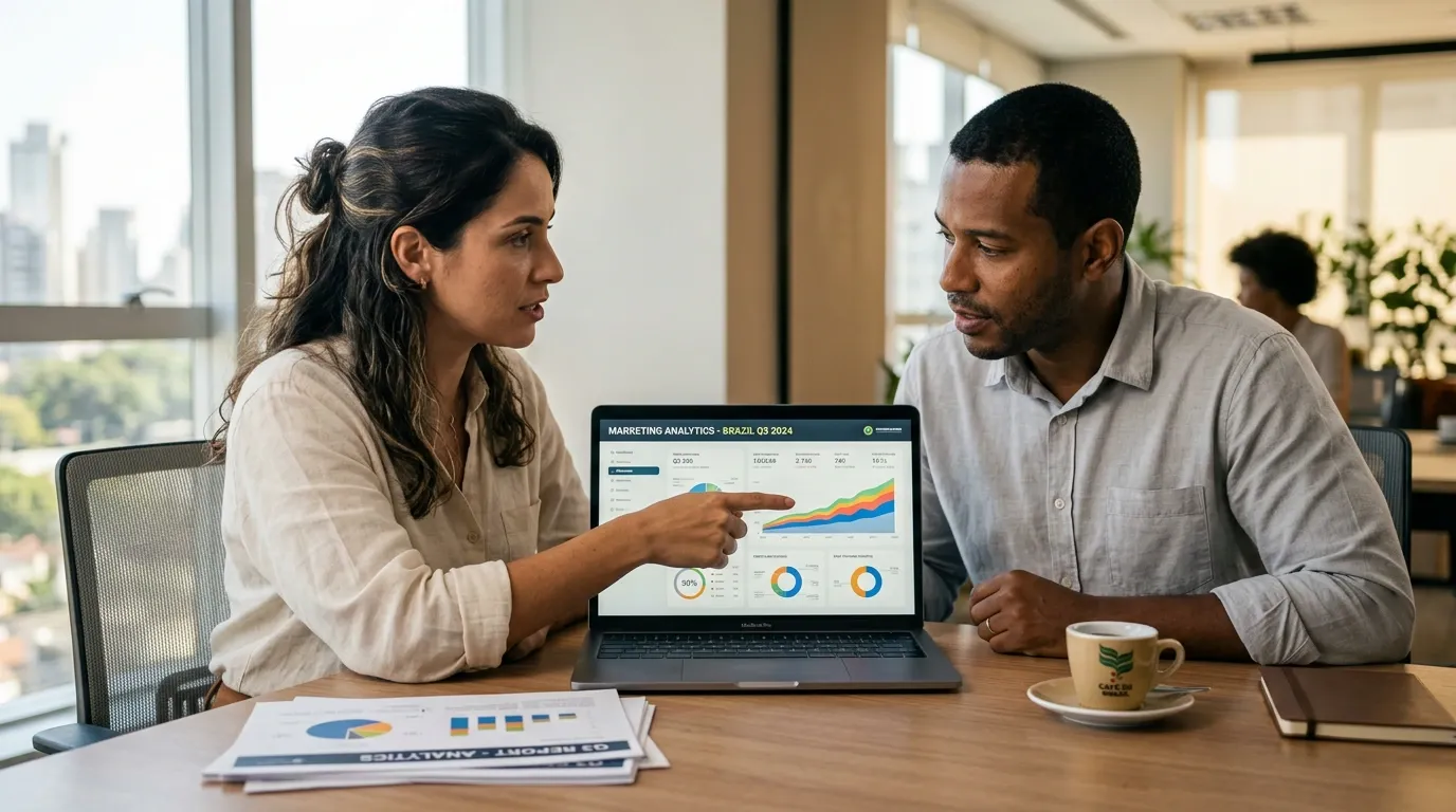 Equipe de empresa em Uberlândia analisando dashboard de marketing analytics do Brasil Q3 2024 para integrar resultados do Google ao processo comercial