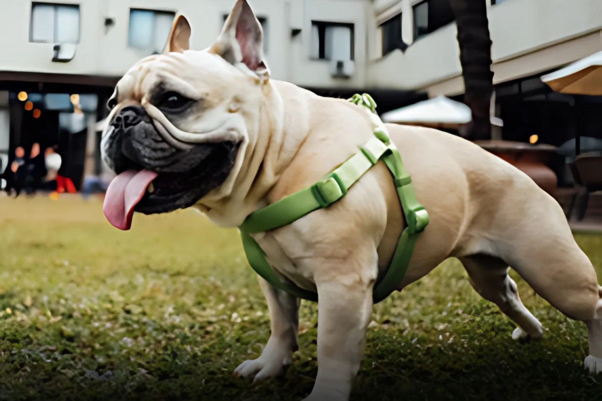 A dog wearing a harness is walking along the greeng grass.
