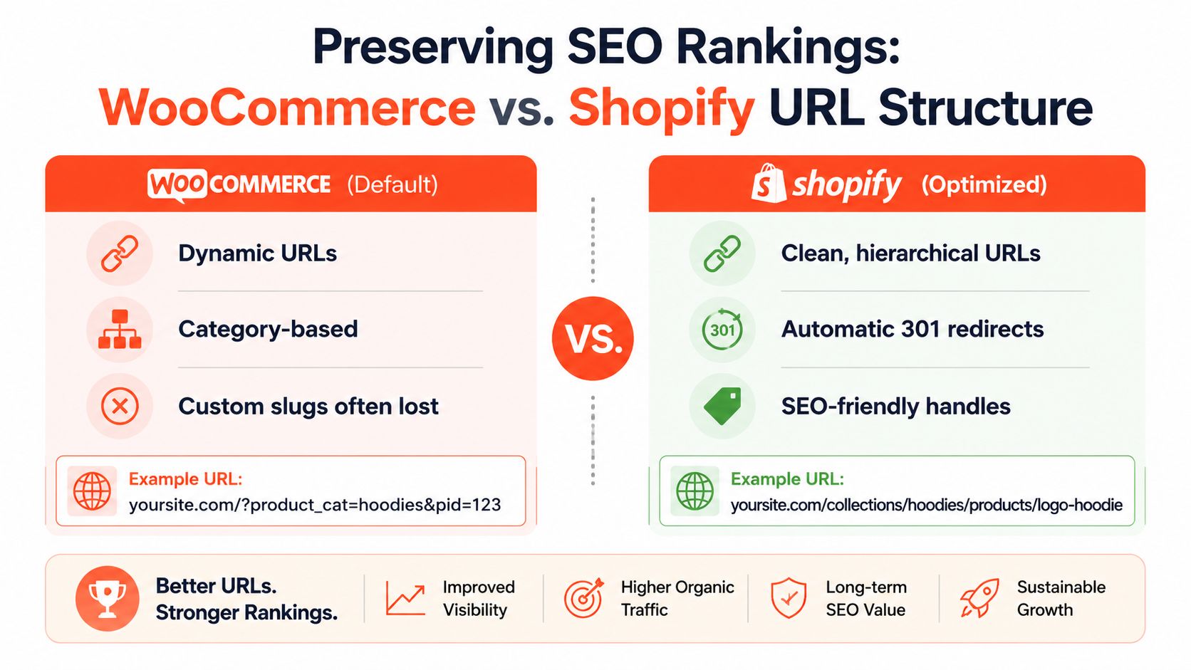 A comparison chart showing the SEO differences between default WooCommerce dynamic URLs and optimized Shopify hierarchical URL structures.