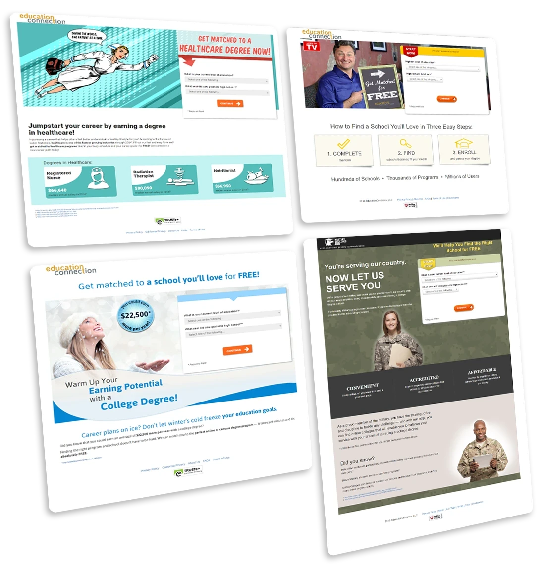 Four examples of lead genearating landing pages for Education Connection