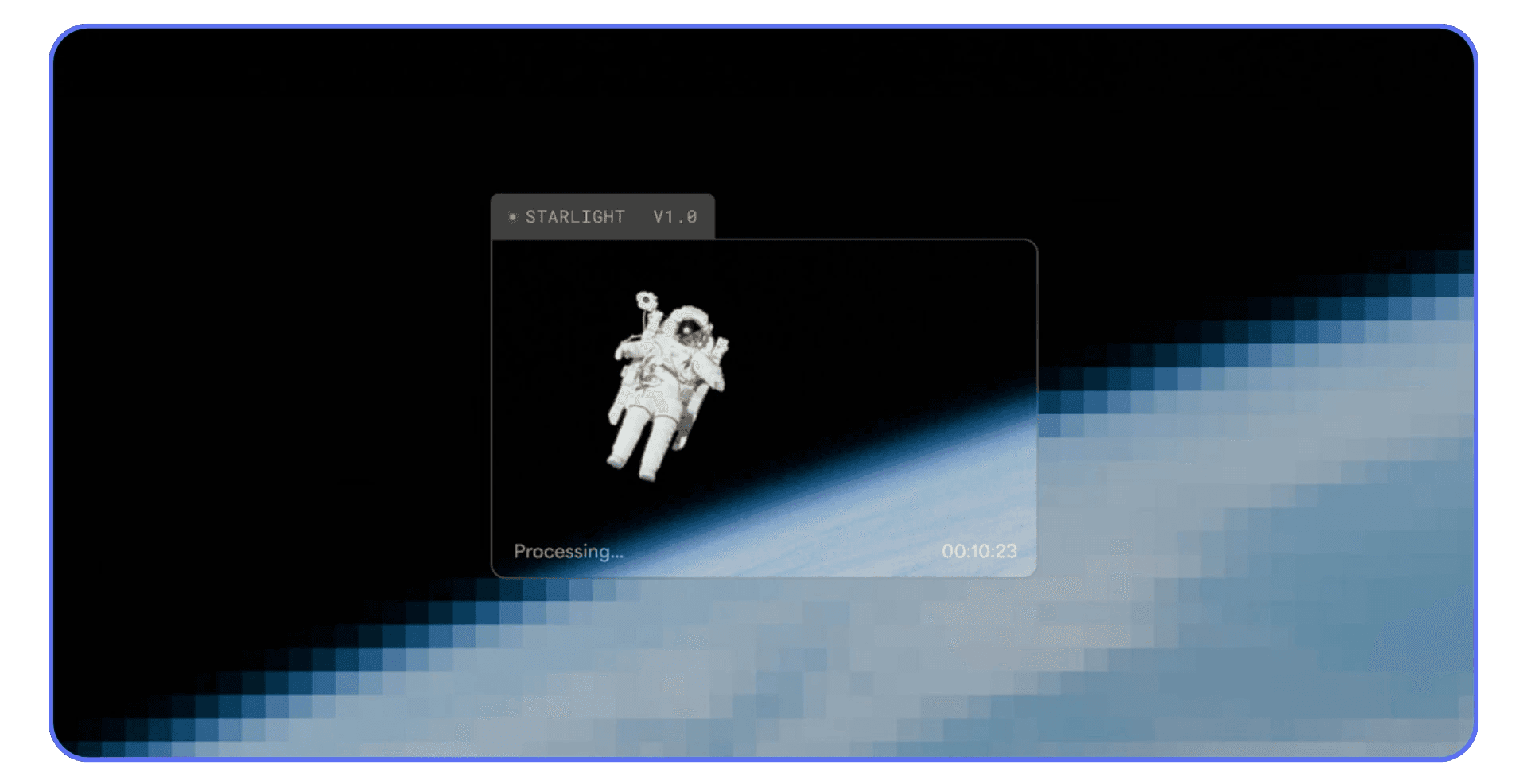 Topaz Video Enhance AI Starlight model processing a pixelated astronaut video, showing AI-powered upscaling from low-resolution to high-definition.