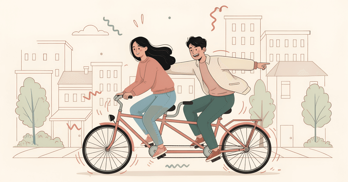 Illustrated young couple riding a tandem bicycle on a city street. The woman pedals in front looking ahead, while the man sits in the back seat pointing sideways in a different direction, causing the bike to wobble. Motion lines and hand-drawn doodle marks in teal and coral around the bicycle. City buildings in outline style in the background. Warm cream background, flat painterly style, variable linework.