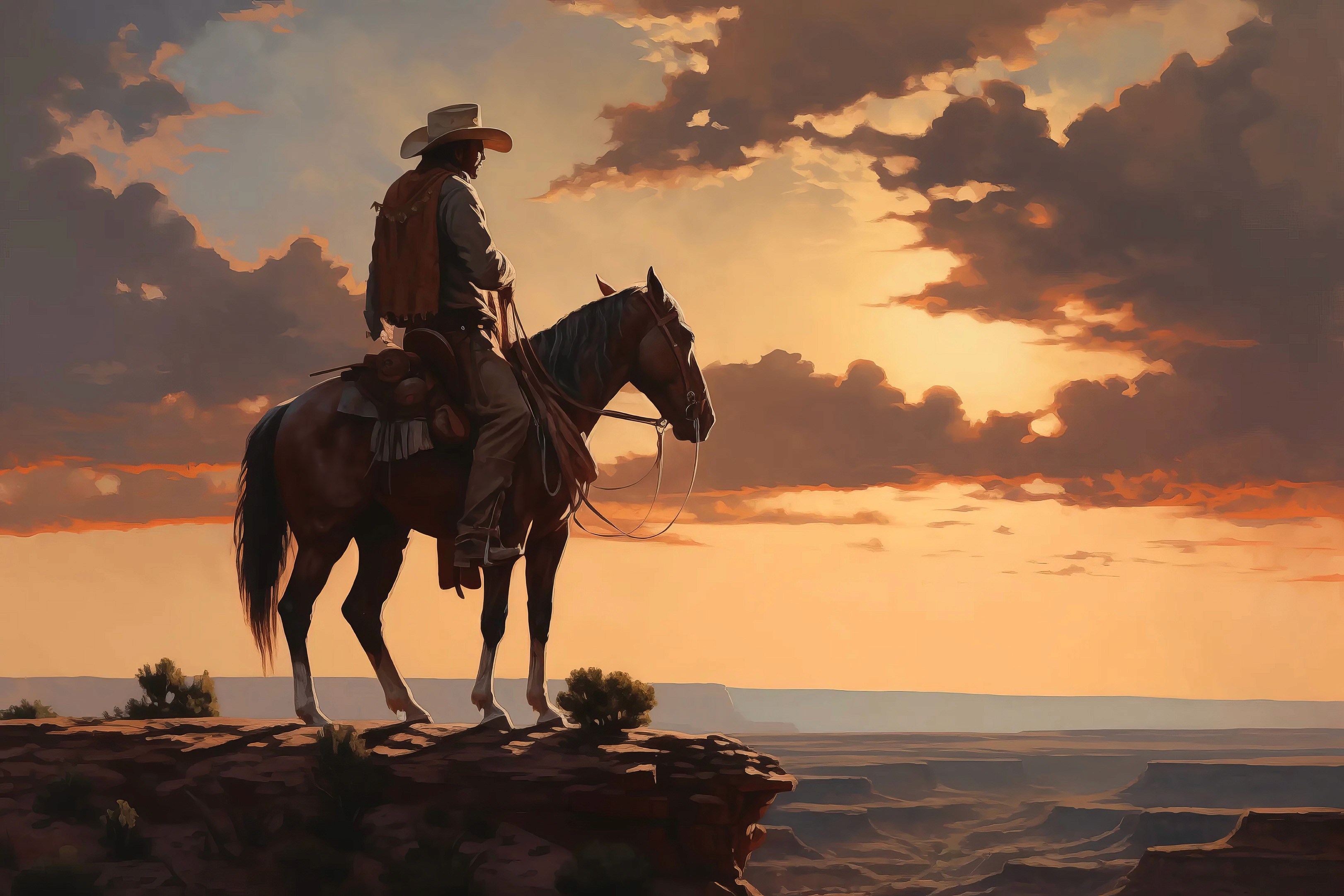 Folk Fable AI cowboy sunset painting print