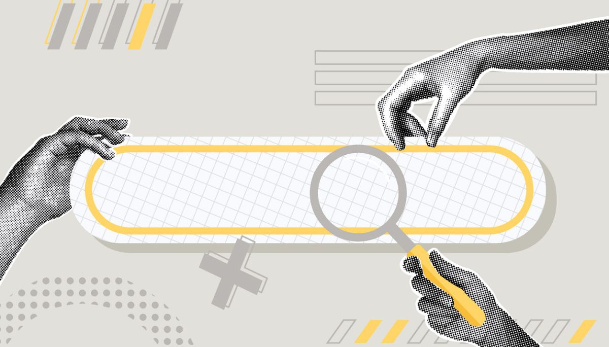 Hands interacting with search bar and magnifying glass, symbolizing how to do a Boolean search with examples and optimization tips.
