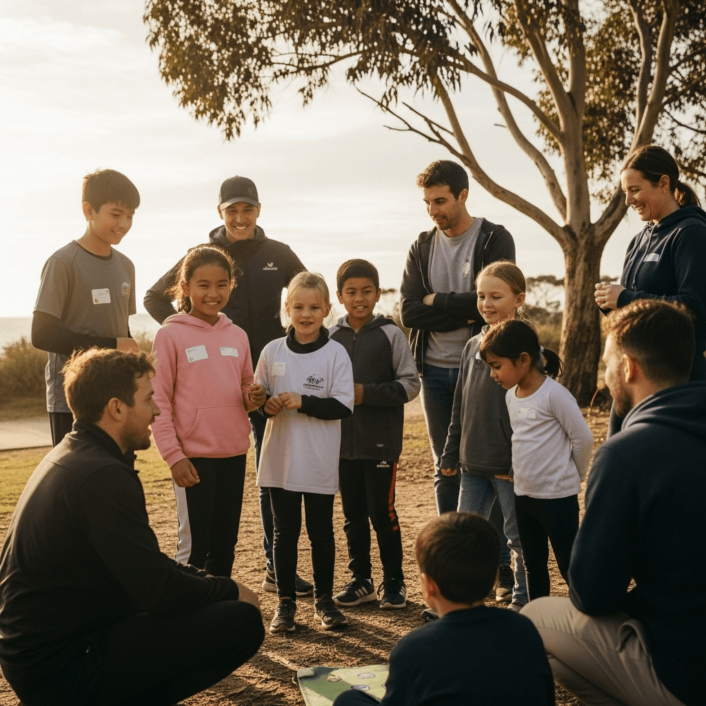 A group of children and adults gathered outdoors under a tree, smiling and participating in an activity together during a camp event.