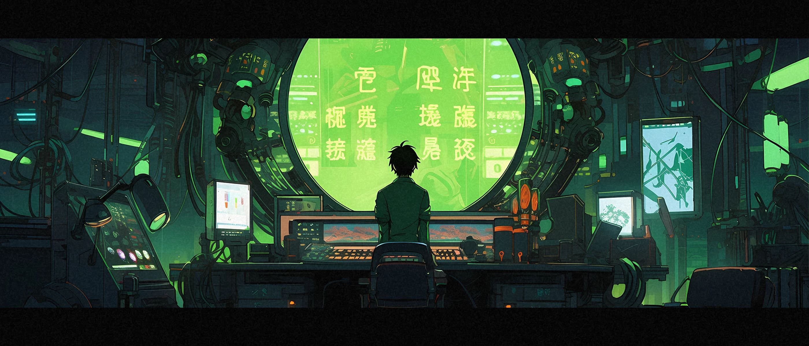 A lone operator at a cluttered control desk in front of a large round green screen, retro anime style