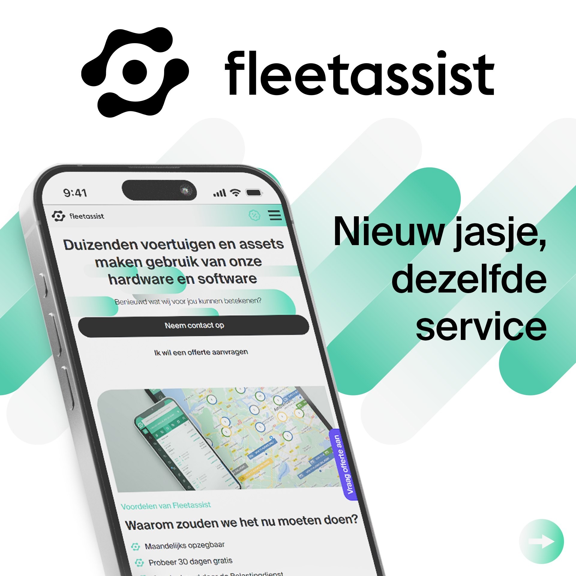 Telefoon met de nieuwe Fleetassist-website en de tekst Nieuw jasje, dezelfde service