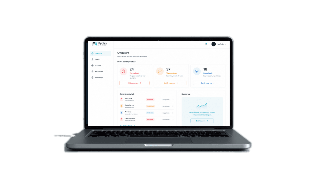 Dashboard van het Fydex CRM-systeem met leadscoring, warme en koude leads en recente activiteit in realtime