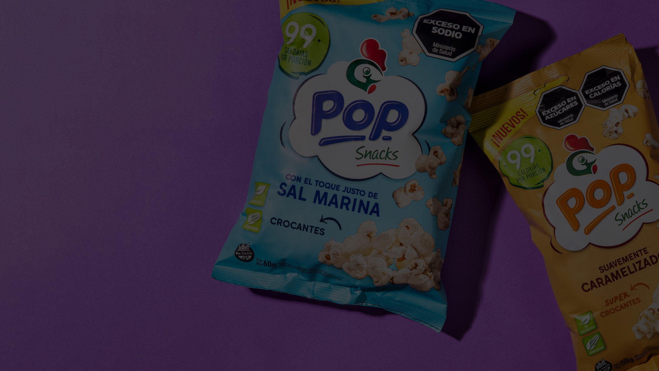 A blue bag of Pop Snacks with a label indicating sea salt flavor, placed next to a yellow bag of caramelized Pop Snacks on a purple background.