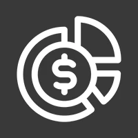 Minimalist icon showing a circular pie chart with dollar sign in the center, representing financial tracking and budget management in white on dark background