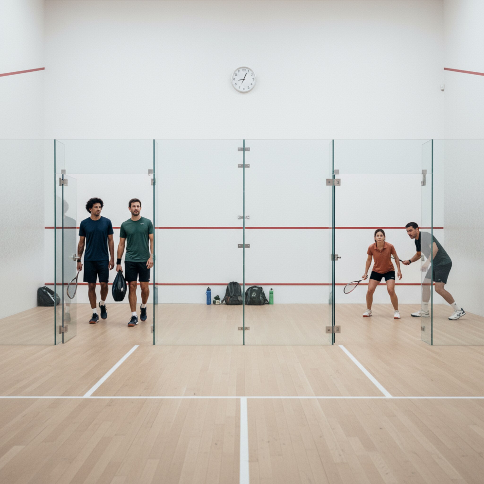 Mit Beginn der vollen Stunde wechseln zwei Teams fließend den Court, die Bewegungen wirken koordiniert. Eine Uhr an der Hallenwand markiert den Start, das Licht bleibt konstant hell. Auf dem Nachbarcourt ist der erste Aufschlag bereits in der Luft. Niemand wartet unnötig, der Ablauf wirkt eingespielt.