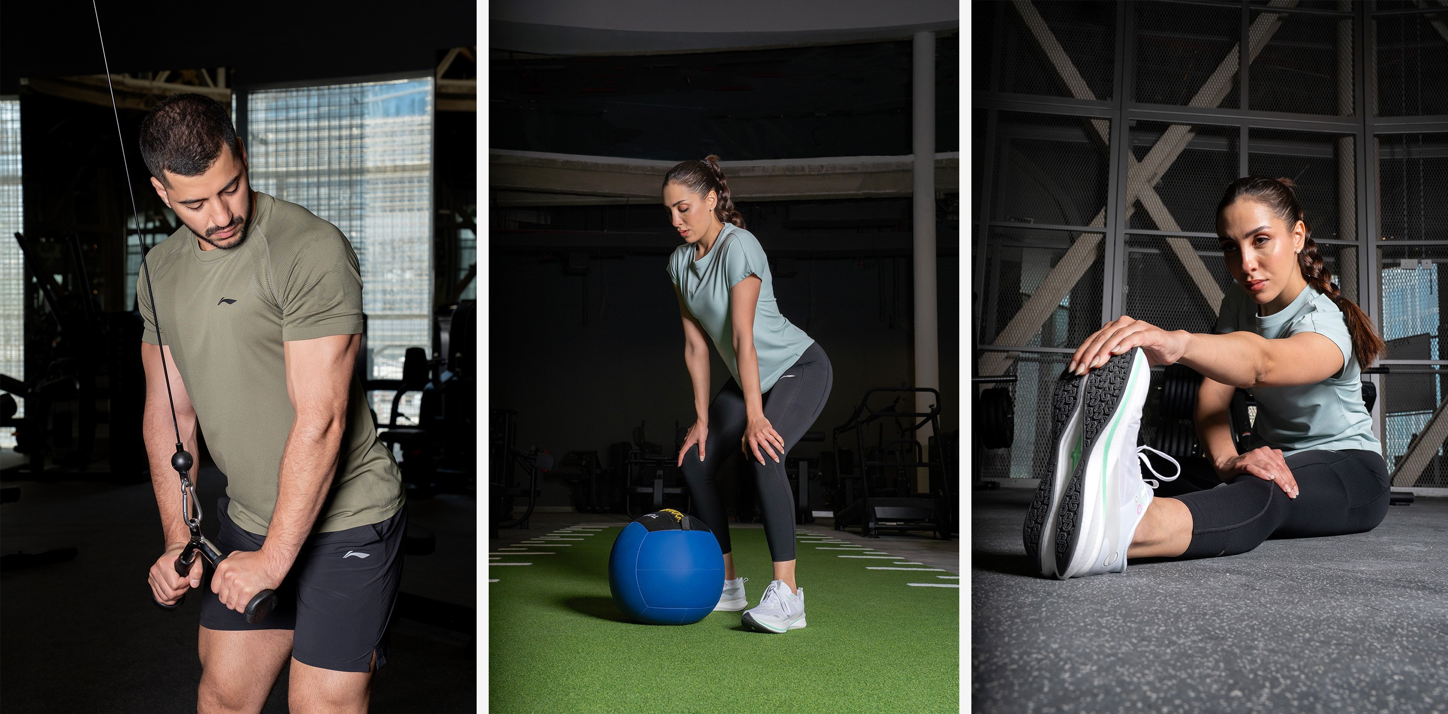 Three gym training shots: athletes in Li-Ning kit on a cable machine, beside a weighted training ball, and mid floor-stretch, in muted indoor tones.