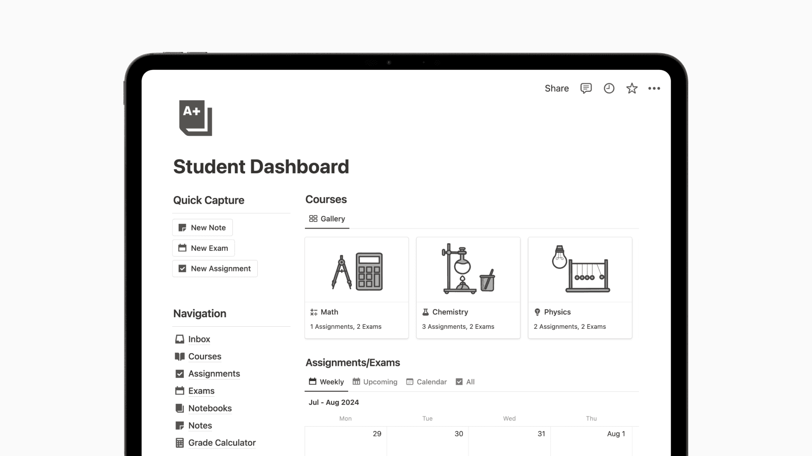 Student Dashboard Notion Template