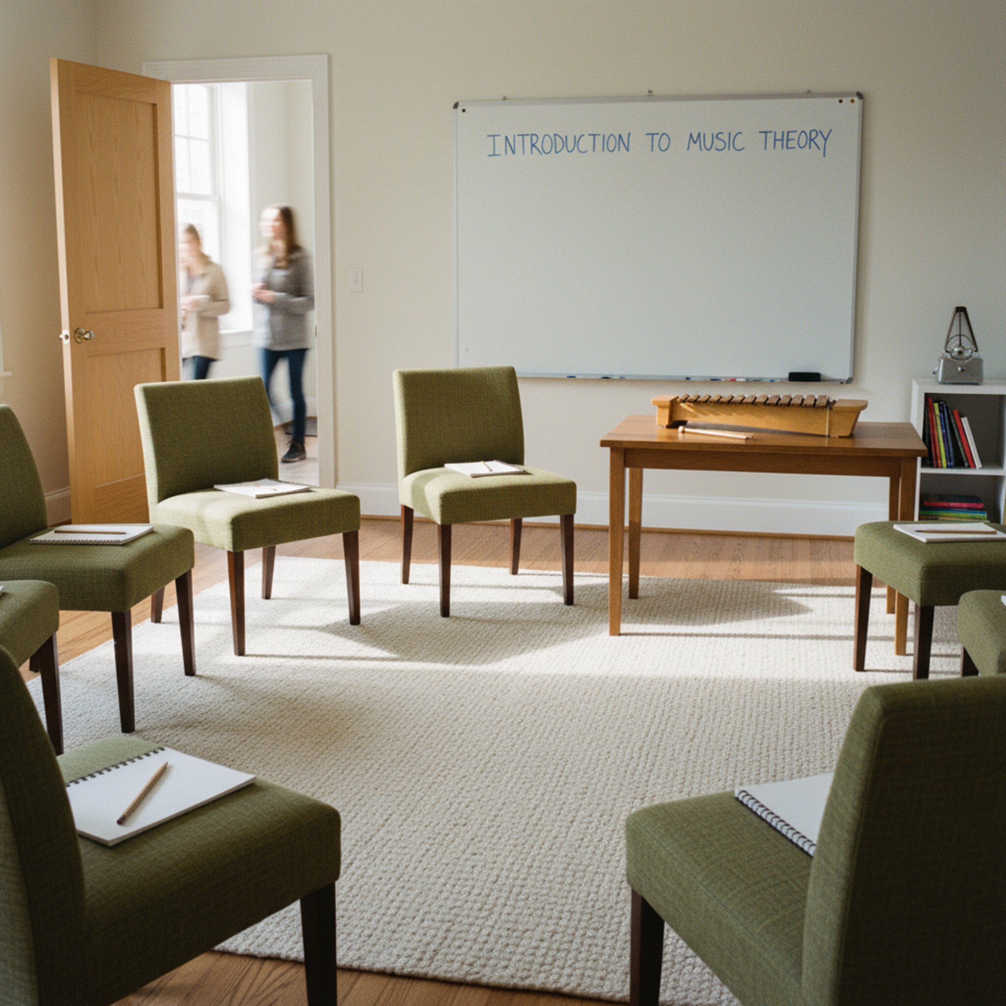 In einem freundlich eingerichteten Gruppenraum stehen Stühle im Kreis, auf jedem liegt ein Heft und ein Bleistift. Ein Whiteboard zeigt den Kurstitel, ein Xylophon wartet auf dem Tisch. Die Tür ist einen Spalt geöffnet, Stimmen nähern sich. Sanftes Morgenlicht schafft eine erwartungsvolle Atmosphäre.