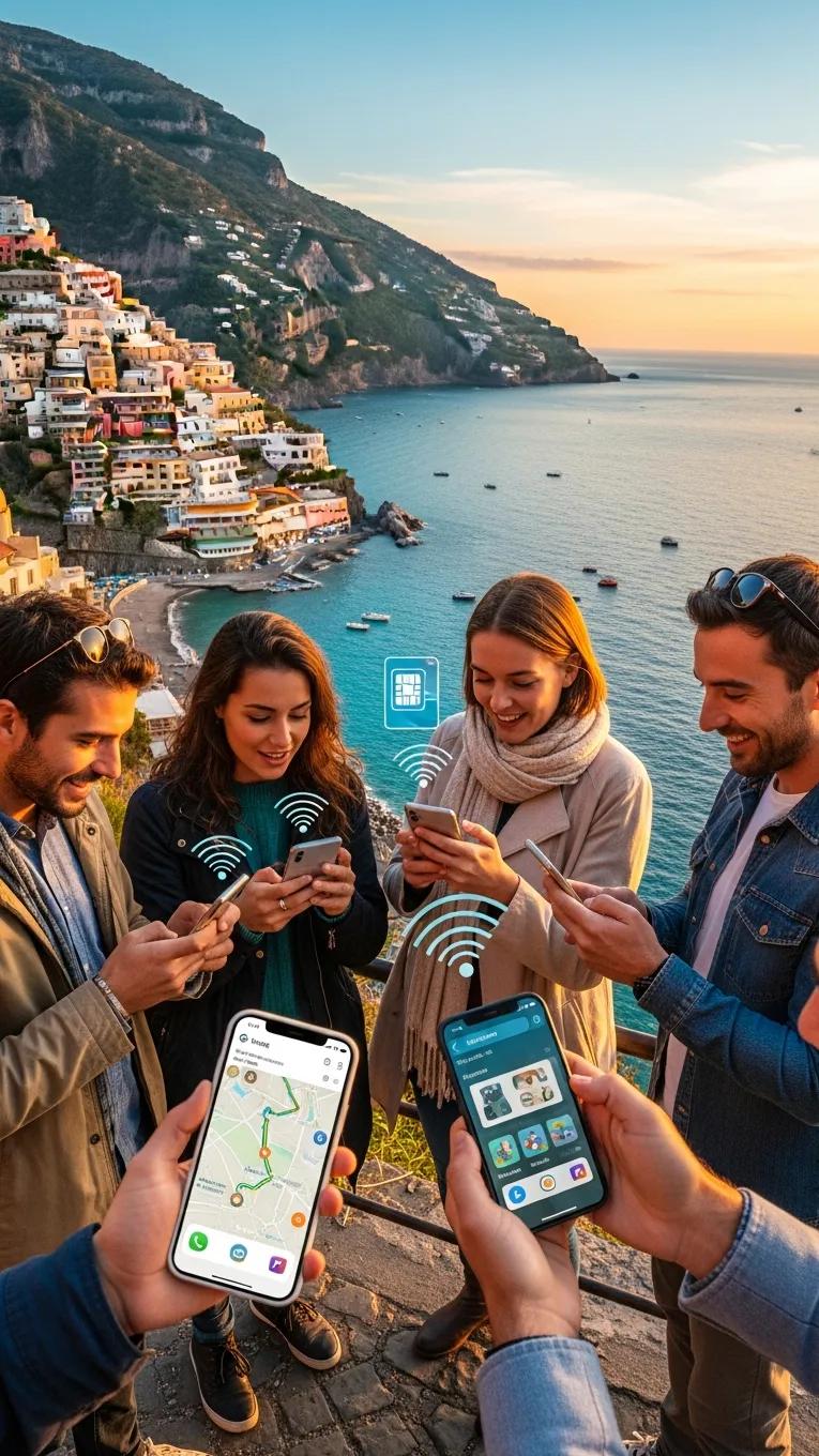 Tourists using smartphones in a scenic international location, highlighting the convenience of eSIM technology