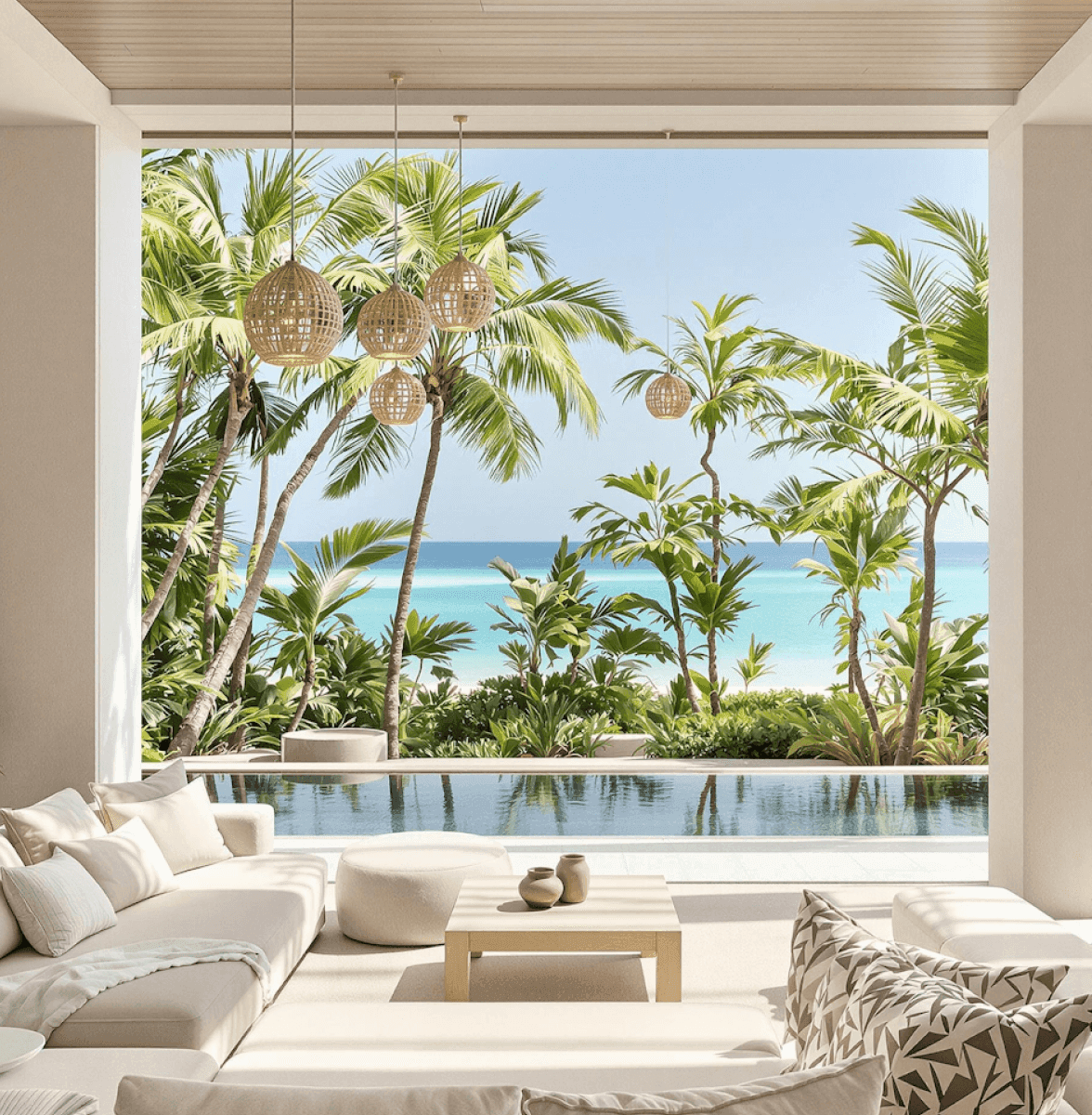 Modern outdoor lounge with pool, palm trees, and ocean view under bright blue sky.