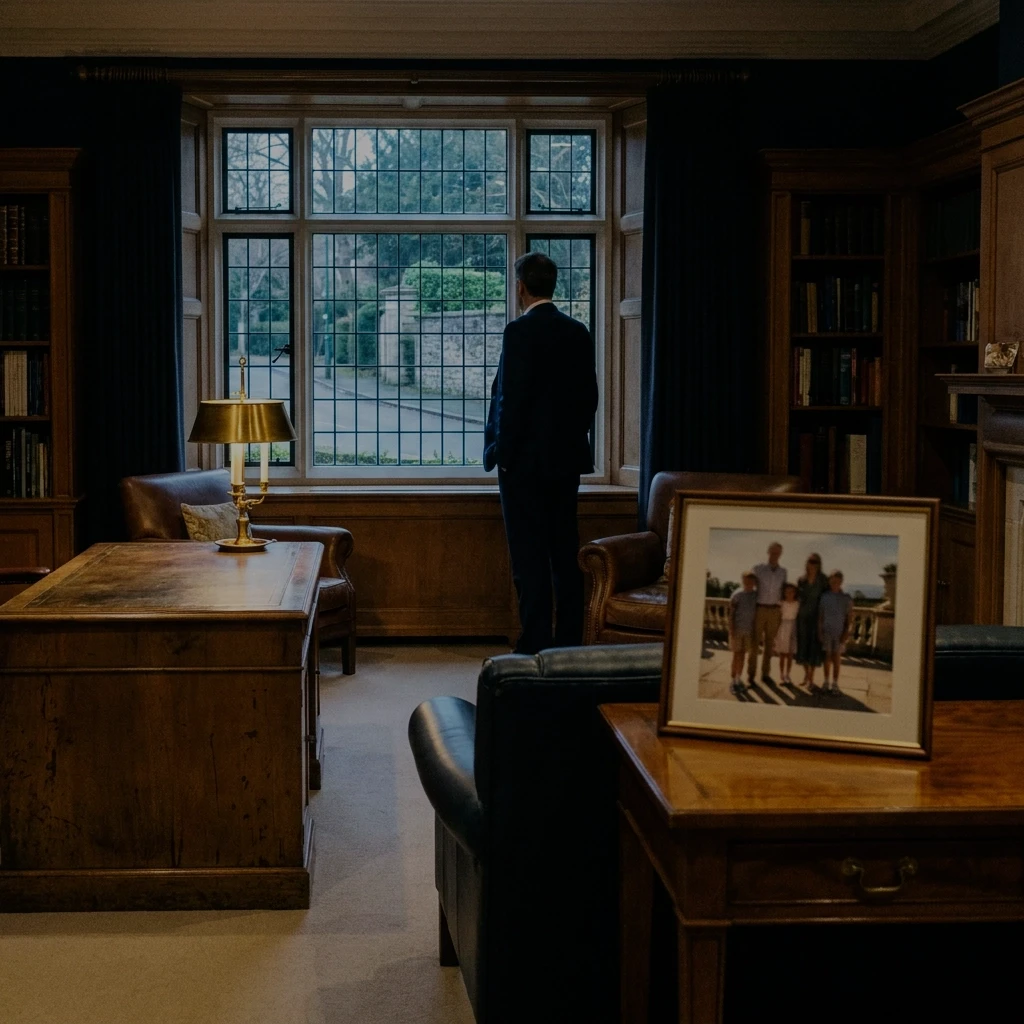Man in a suit gazes out a large window in a dimly lit, wood-paneled study with a desk, lamp, and framed family photo in the foreground.