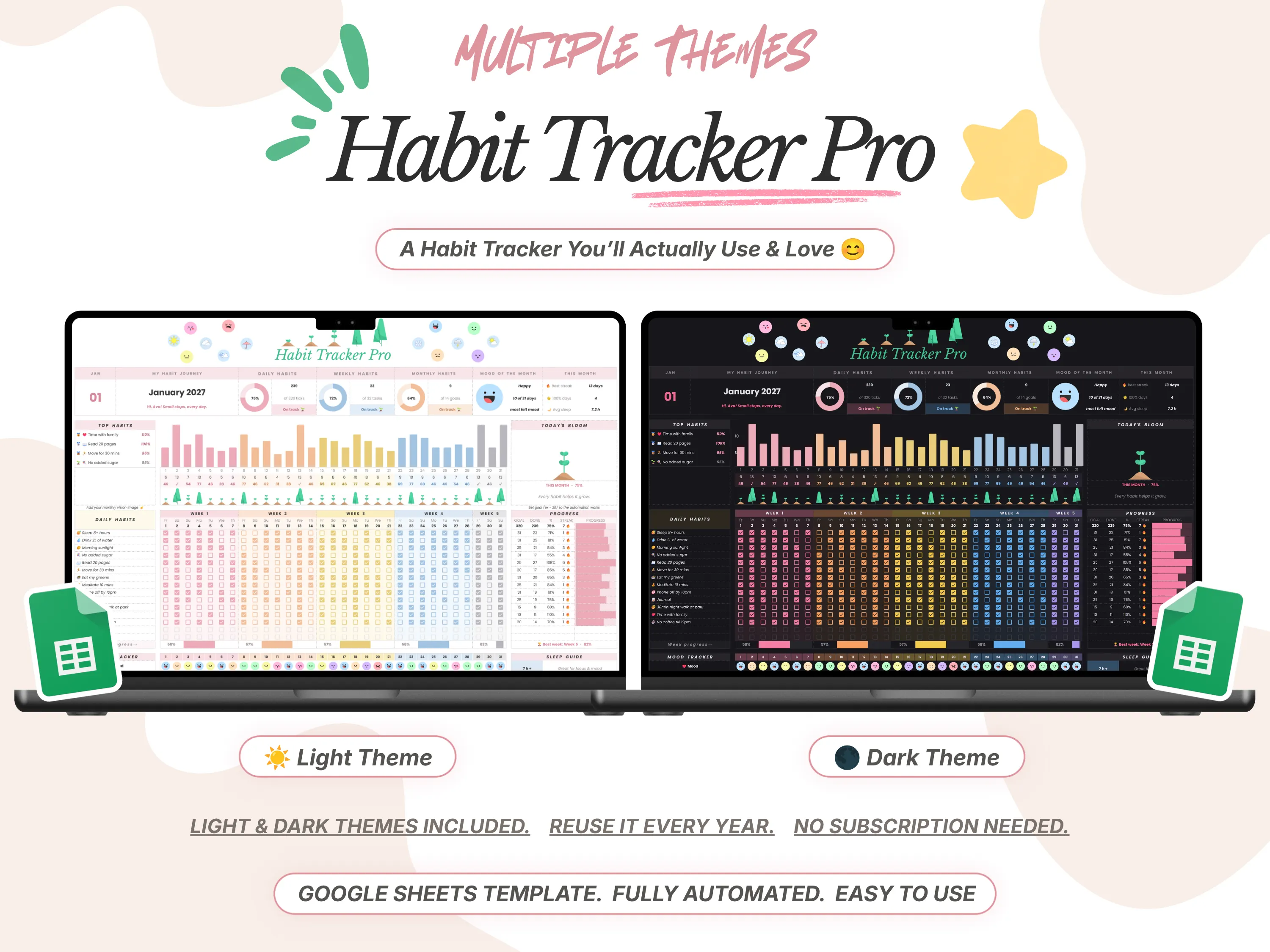 Habit Tracker Pro Google Sheets template in light and dark themes shown on two laptops