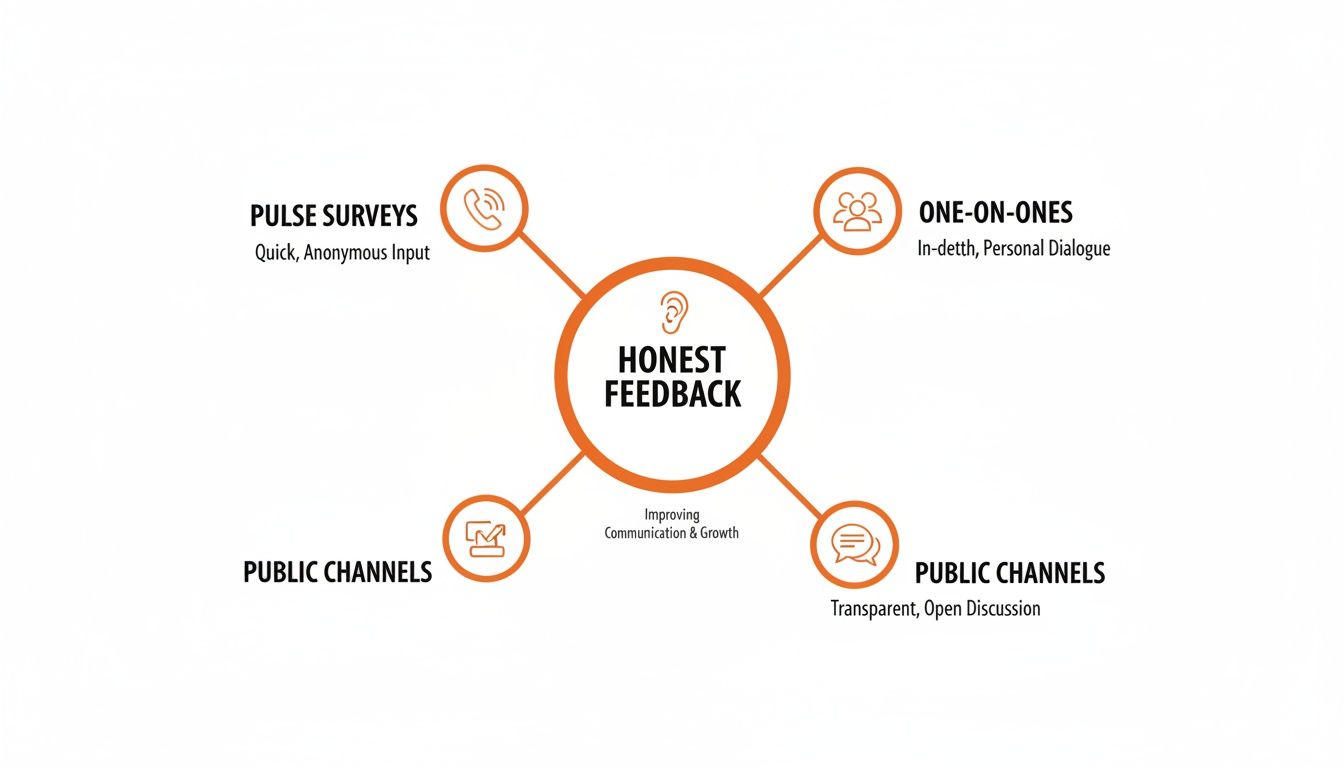 Diagram illustrating four methods for honest feedback: pulse surveys, one-on-ones, and public channels.