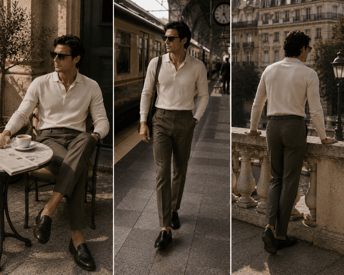 A three-panel full-body fashion lookbook featuring a stylish man in smart-casual attire. He wears a long-sleeve cream knit polo shirt, tailored olive green trousers, dark brown leather loafers, and dark sunglasses. The left panel shows him seated at an outdoor café table enjoying a cup of coffee. The middle panel shows him walking along a European train station platform carrying a brown leather shoulder bag. The right panel shows a rear view of him leaning against a stone balustrade overlooking classic city architecture.