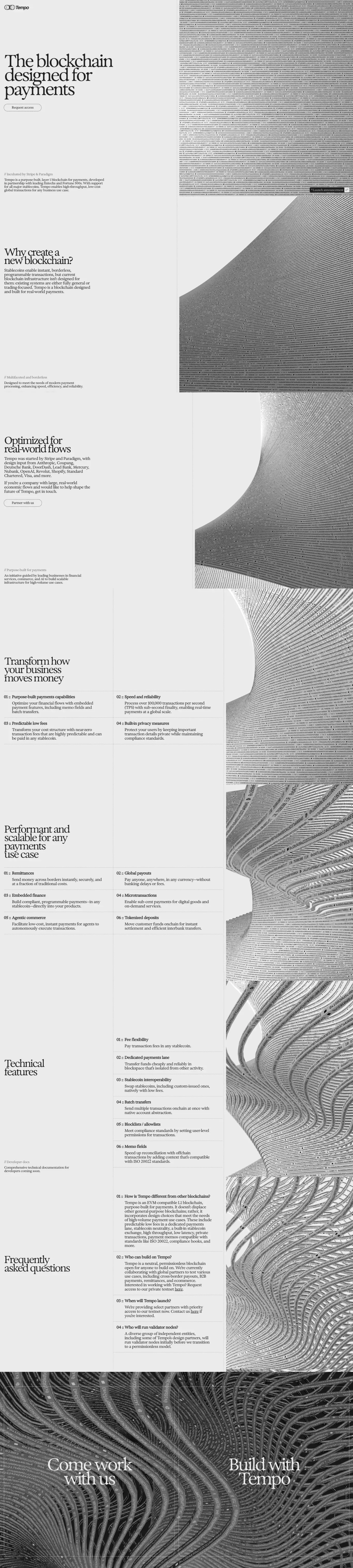 Tempo: The Blockchain Designed for Payme landing page screenshot showcasing Finance and Tech design