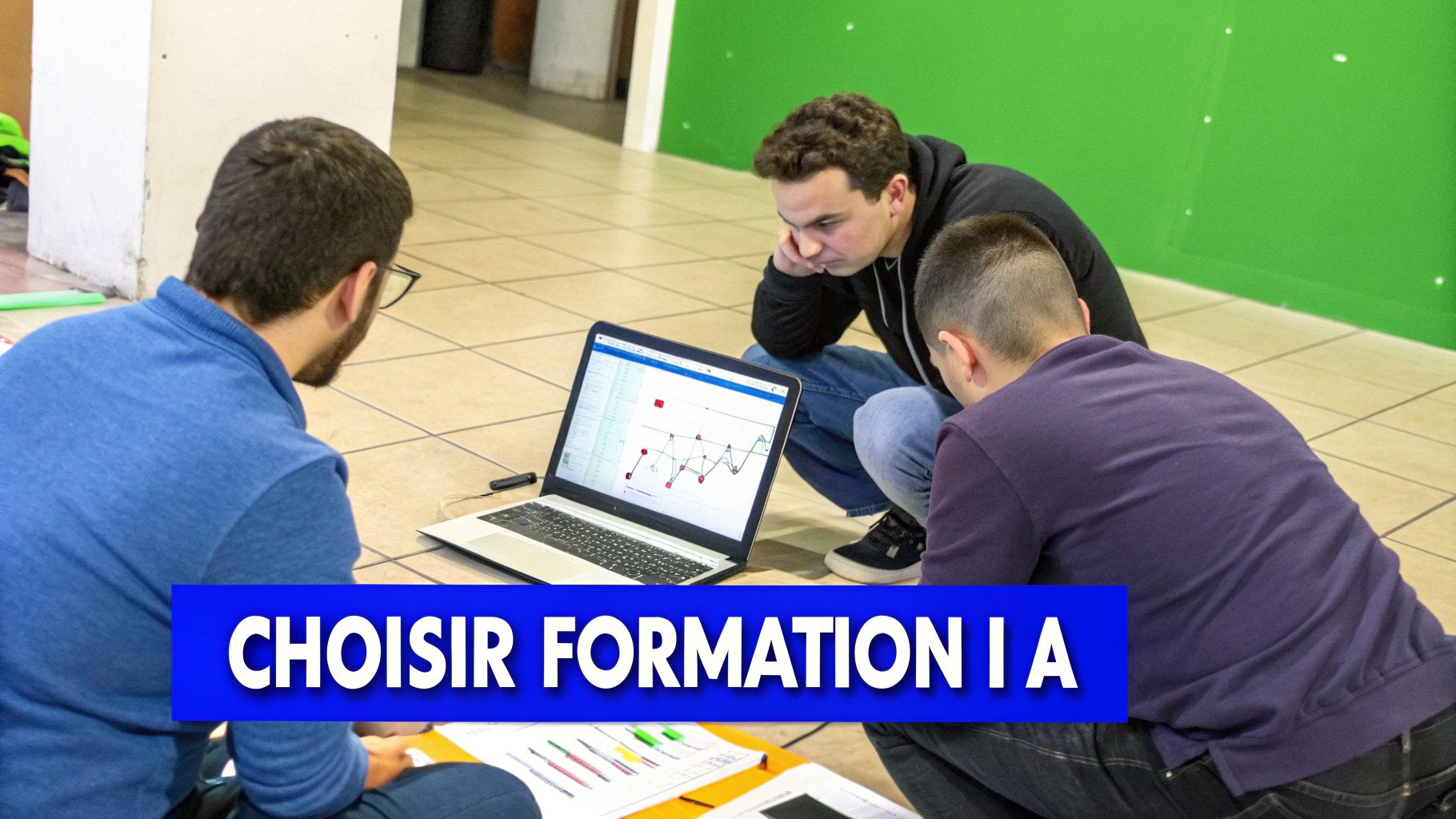 Trois jeunes hommes collaborent autour d'un ordinateur portable affichant des graphiques. Ils examinent des données et des documents.