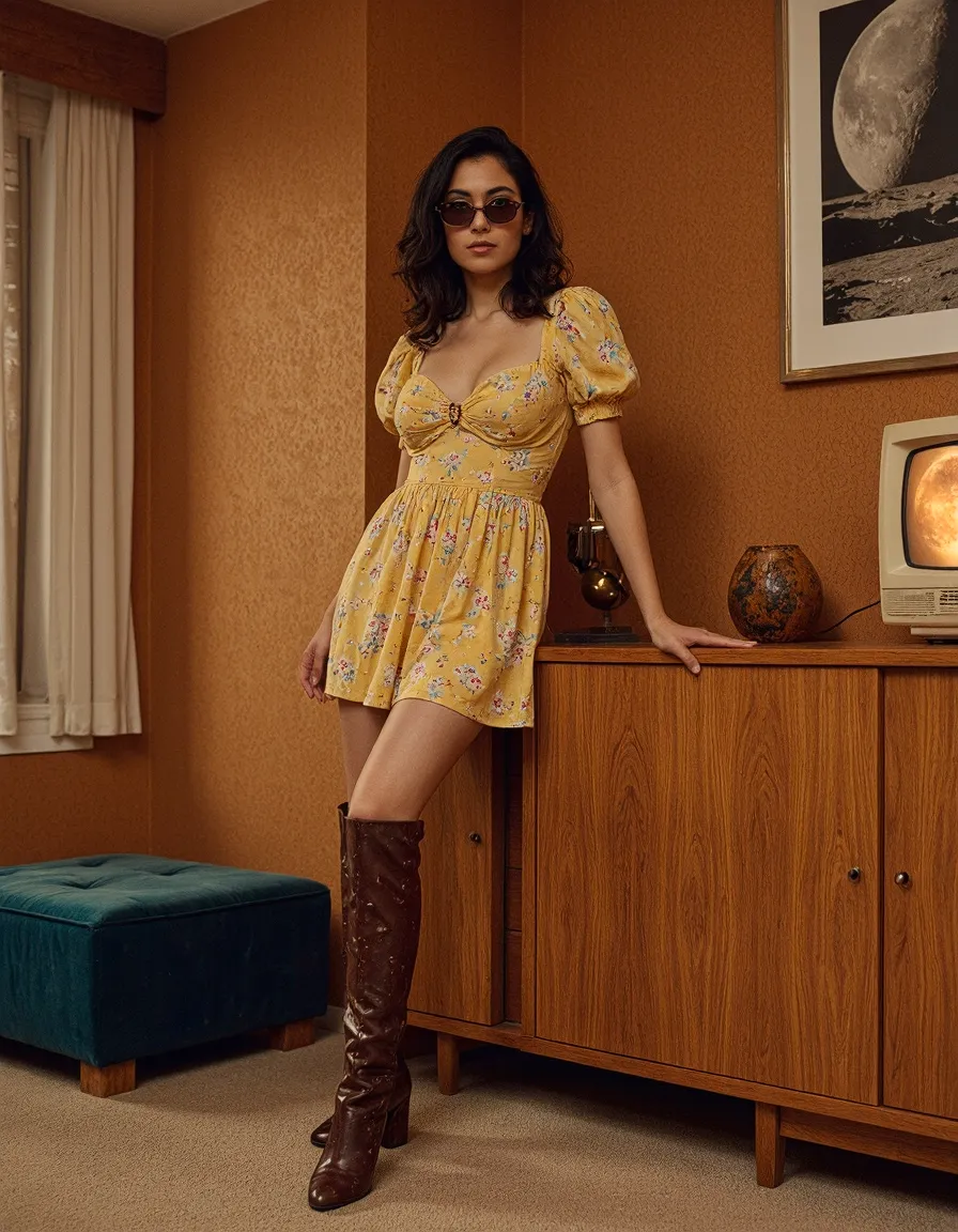 Retro-styled fashion scene featuring yellow floral dress with puff sleeves paired with brown boots in a 70s-inspired room setting