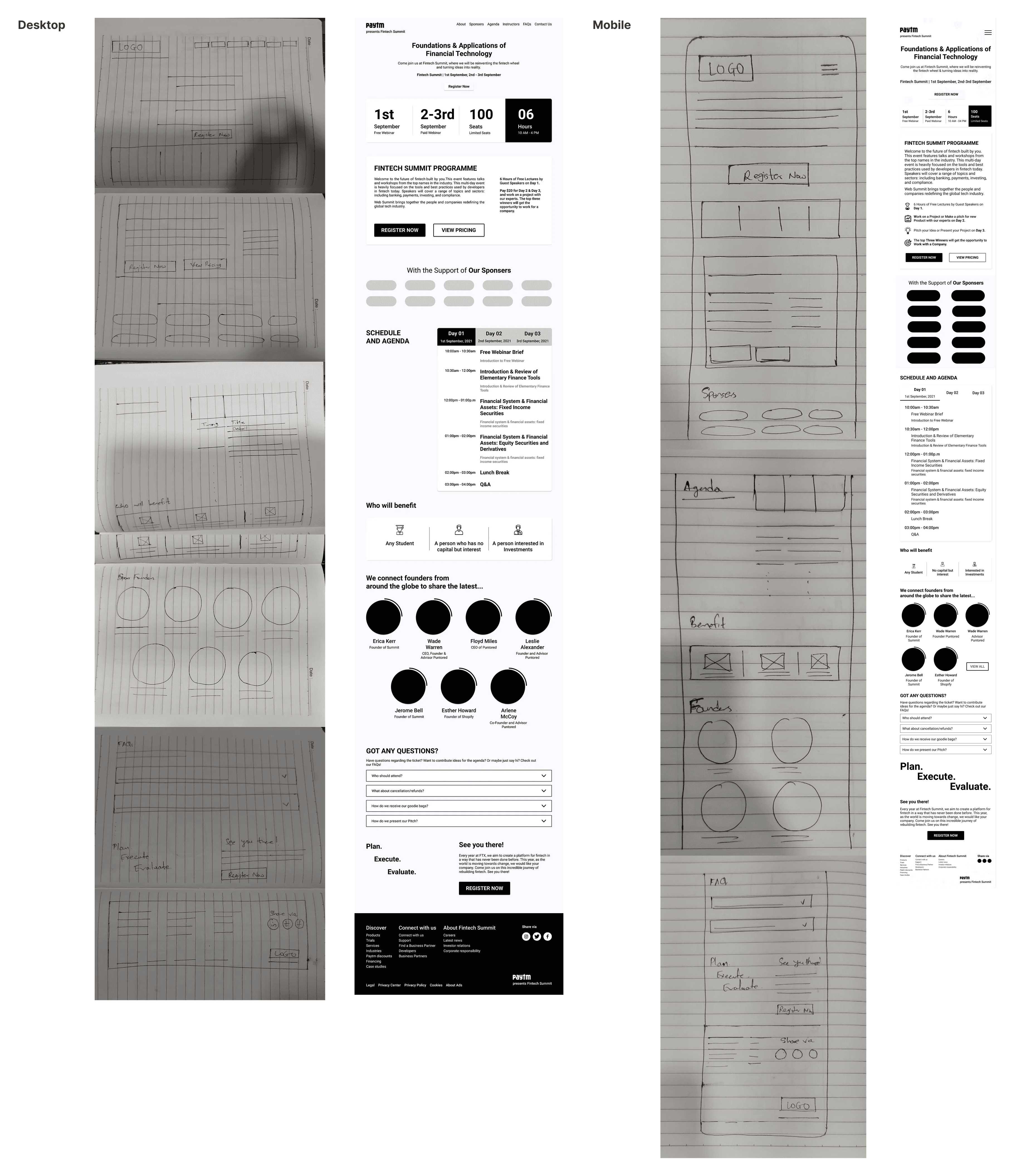 Left section shows multiple hand-drawn desktop wireframes stacked vertically, including layouts for header, countdown, event description, sponsors, agenda schedule, speaker section, FAQ, and footer. The middle shows the high-fidelity desktop design of the event page featuring a countdown timer, registration buttons, programme overview, sponsor logos, agenda tabs for Day 1–3, beneficiary section, speaker cards, FAQ accordion, and footer. On the right, hand-drawn mobile wireframes are stacked vertically showing simplified layouts for the same sections, followed by the high-fidelity mobile design that replicates the desktop content in a single-column mobile format.