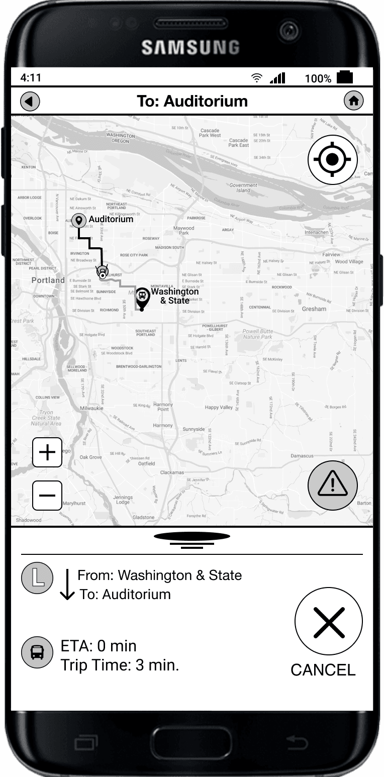 A wireframe of a mobile transport app's screen showing real time bus tracking