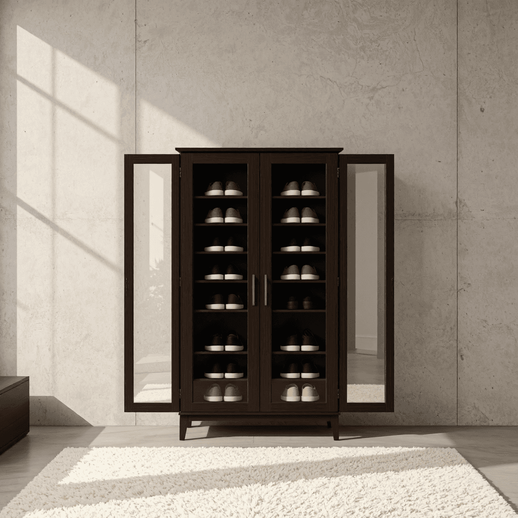 product photography of a shoe cabinet with glass doors for storage