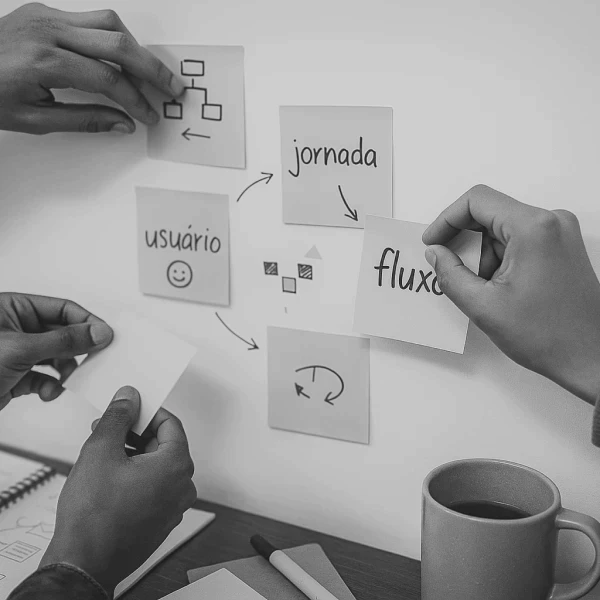 Pessoas criativas analisando referências visuais em ambiente de trabalho contemporâneo, representando o processo estratégico de construção de ideias.