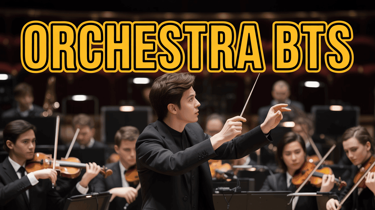 Orchestra Behind-the-Scenes Thumbnail, featuring an orchestra conductor giving cues backstage with highlighted instrument sections and theater lighting