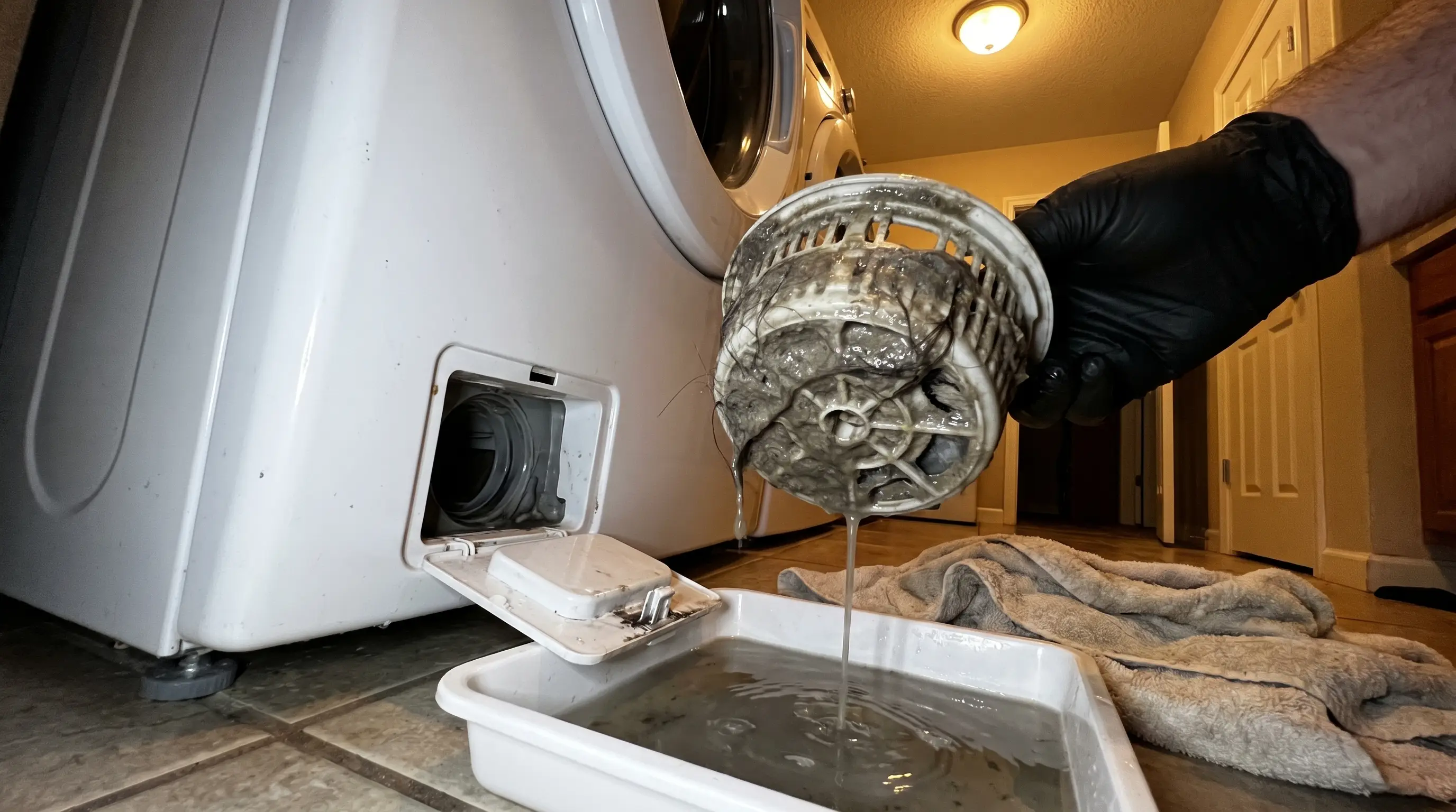 The drain filter most owners never knew existed — this is what it typically looks like the first time it's opened.