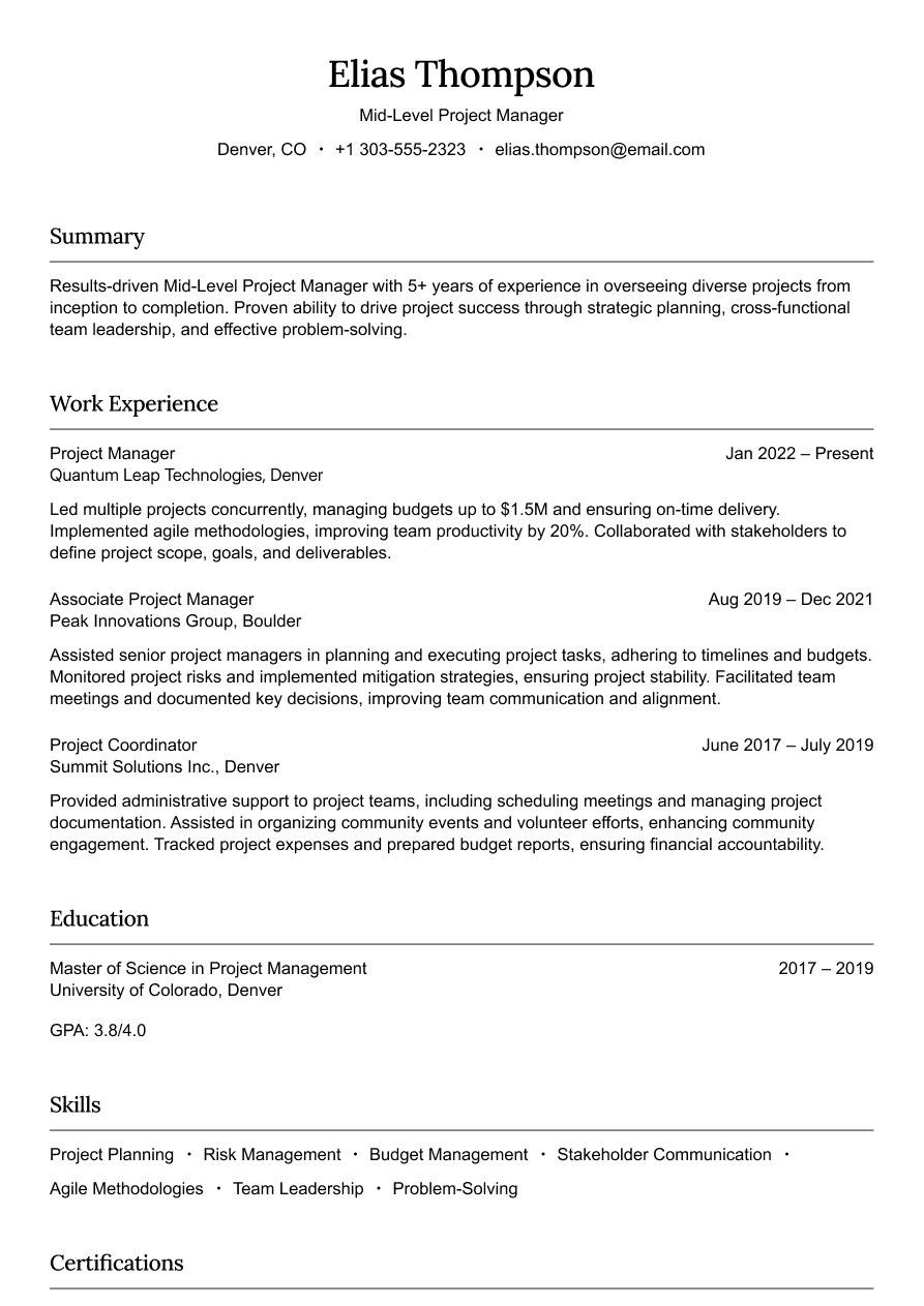 Mid-level project manager resume example with balanced experience